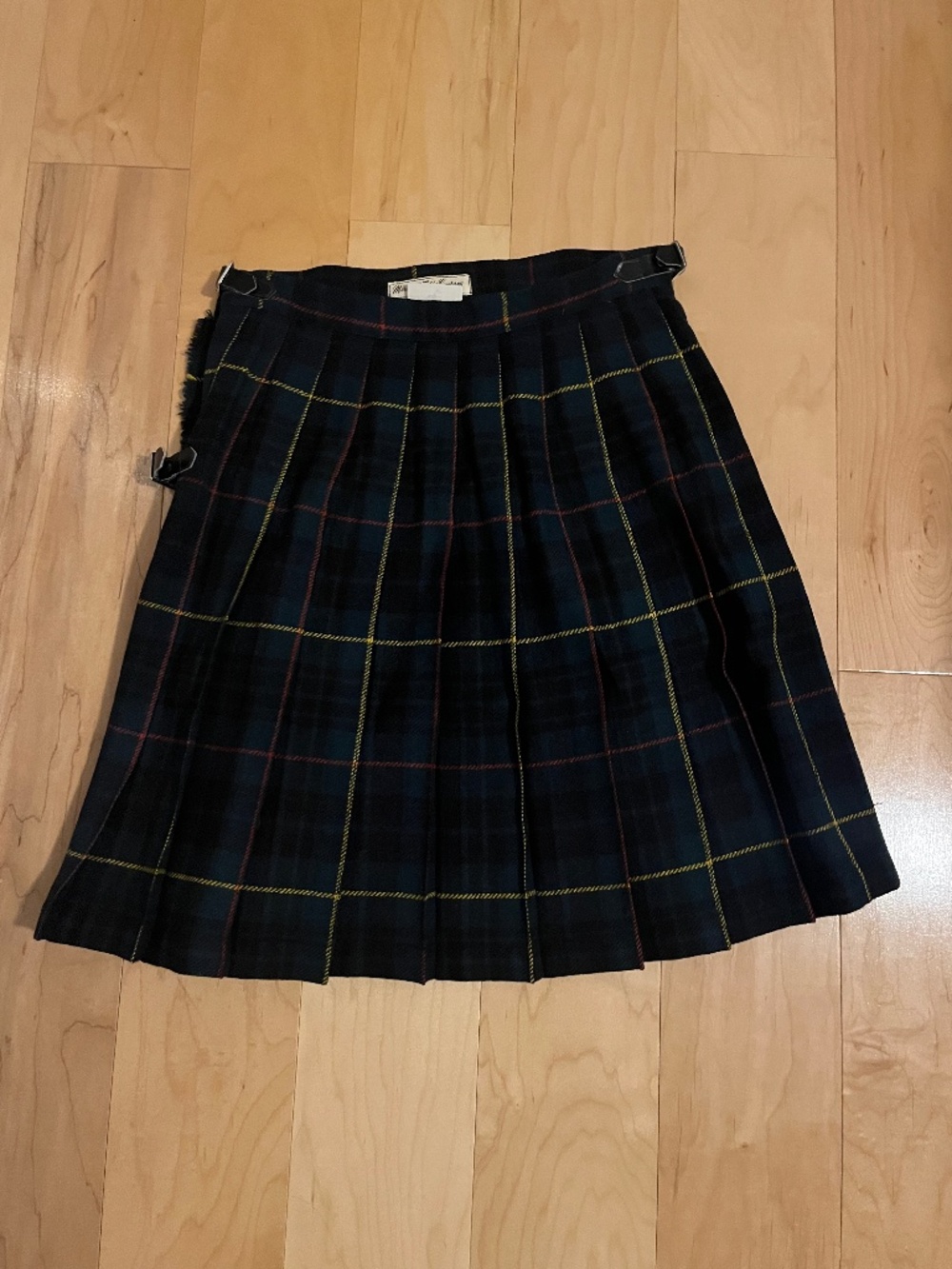 Vintage 100% Wool Dark Forest Green Plaid Mini Skirt with Leather Buckles